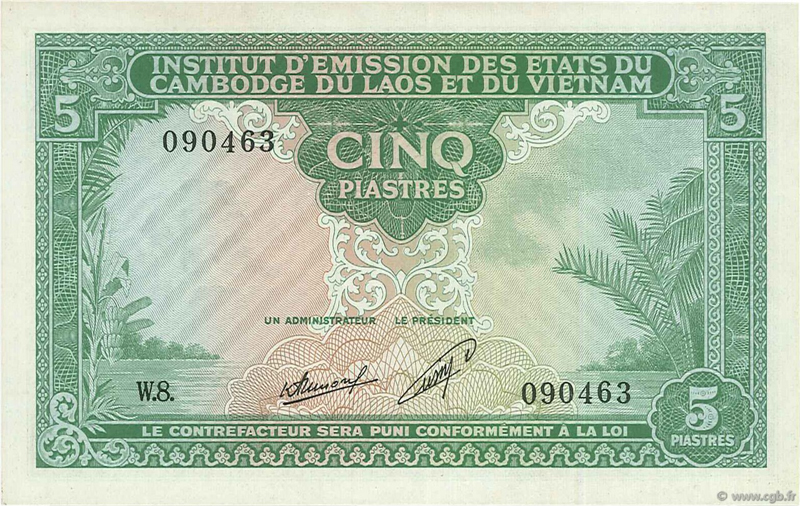 5 piastres Laos 1953 KM 909 P101