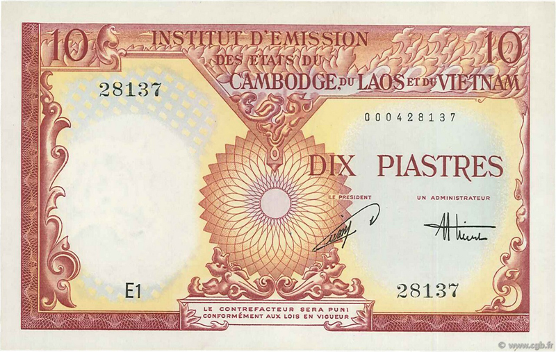 10 piastres Vietnam 1953 KM 913 P107